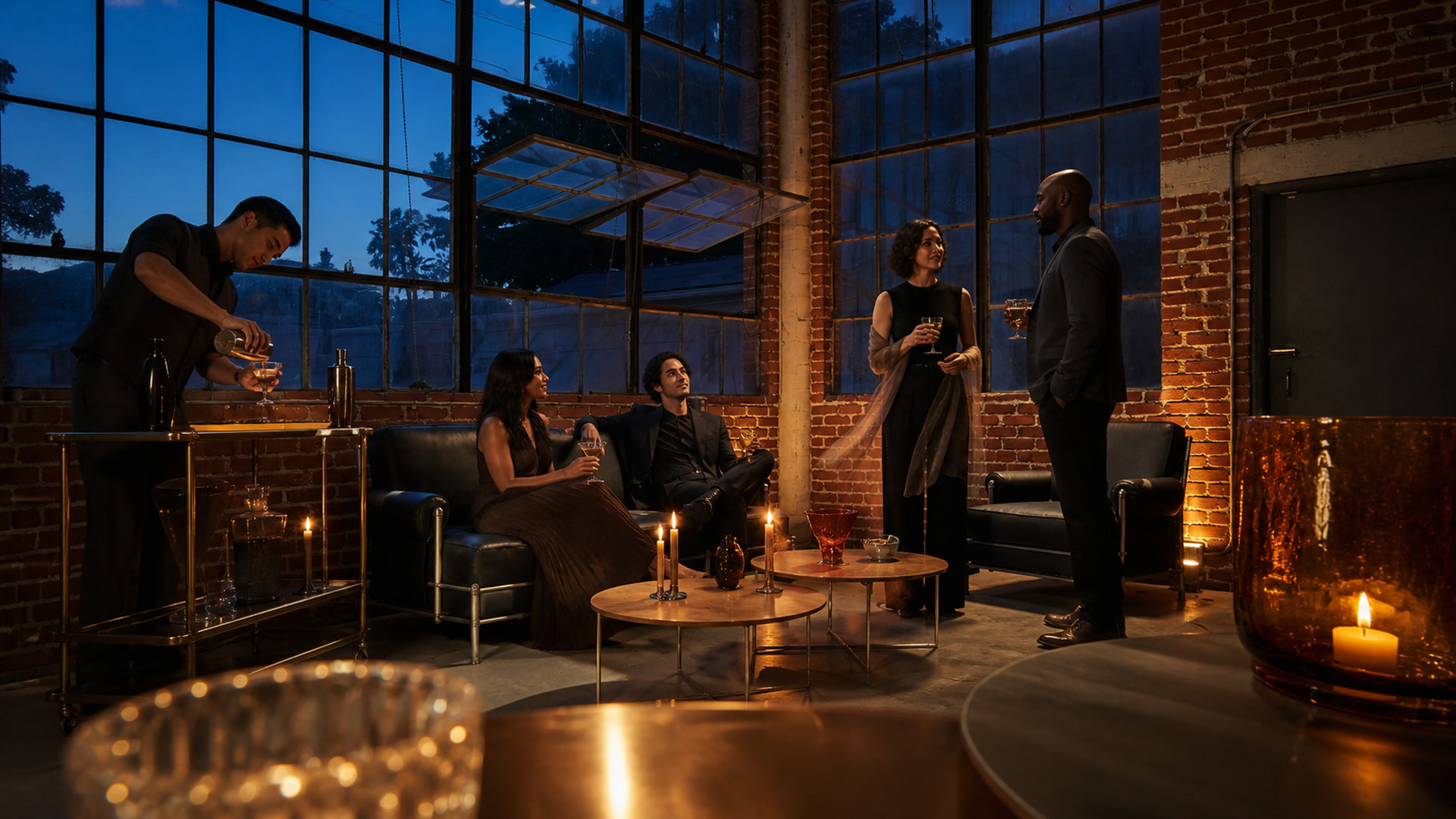 Conceptual cocktail gathering in the brick window lounge at Citadel Riverside