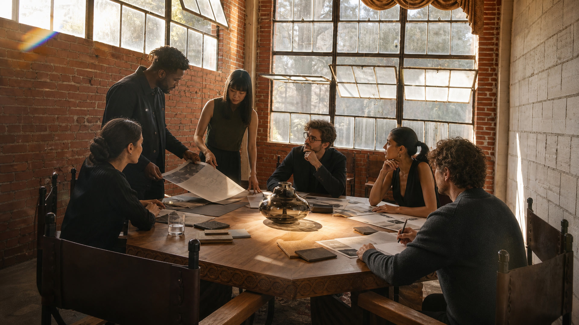 Conceptual creative workshop around the octagonal production-suite table