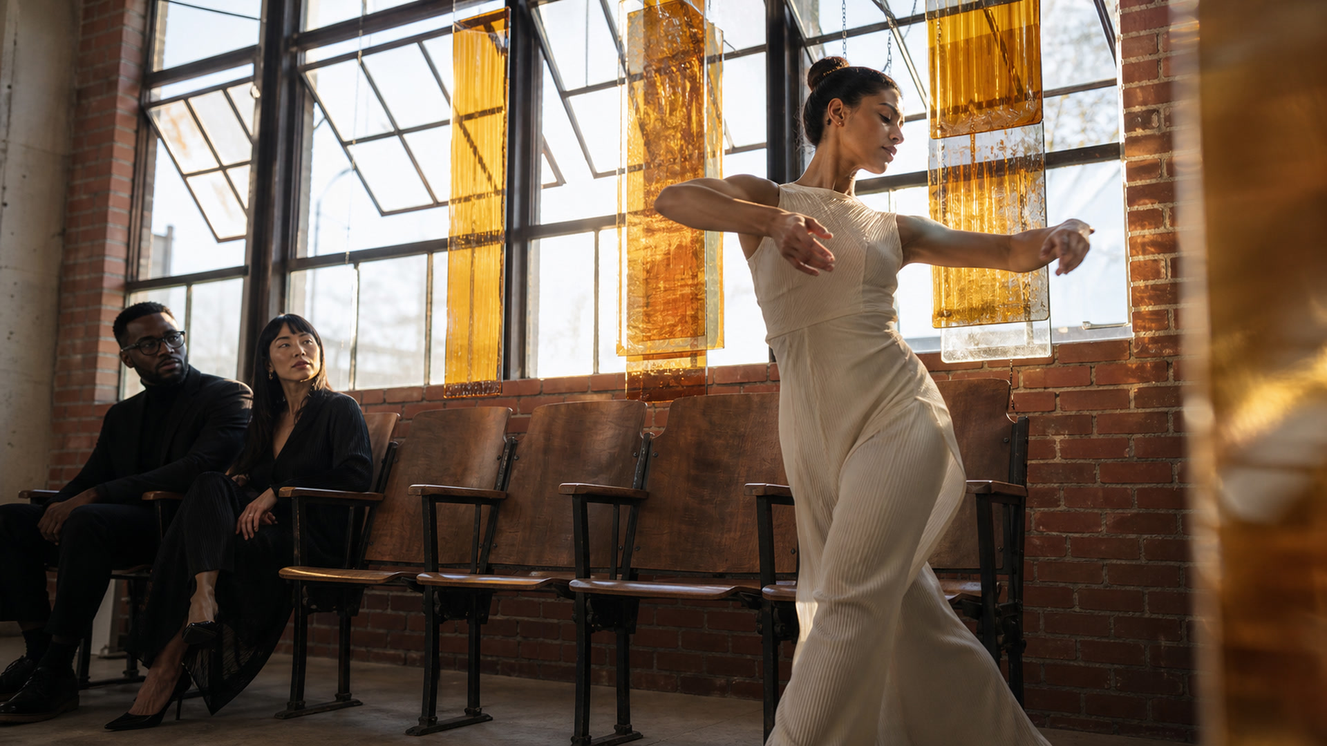 Conceptual dance performance beside the vintage seats and factory windows